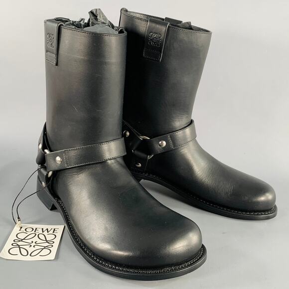 LOEWE Size 9 Campo Black Silver Harness Leather Pull On Boots - Picture 1 of 9